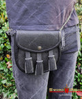 Dope Renaissance Scottish Medieval Faux Leather Sporran Pouch Bag Black With Adjustable Strap for Larp Cosplay, worn on jeans