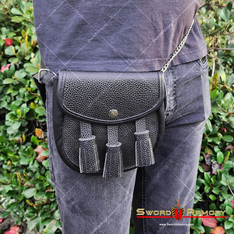 Dope Renaissance Scottish Medieval Faux Leather Sporran Pouch Bag Black With Adjustable Strap for Larp Cosplay, worn on jeans