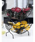 Single Serve Coffee Pod Basket Stacked Two Tier Wire Organizer For K Cups Keeps Your Flavors Handy On The Counter Office Or Home Kitchen Modern Black Finish with coffee pods inside, on a countertop.
