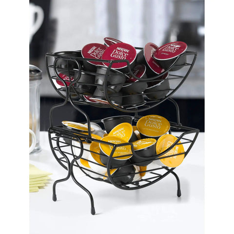 Single Serve Coffee Pod Basket Stacked Two Tier Wire Organizer For K Cups Keeps Your Flavors Handy On The Counter Office Or Home Kitchen Modern Black Finish with coffee pods inside, on a countertop.
