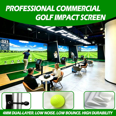 Golf Simulator Enclosure With Double-Layer Silent HD Impact Screen And Side Barriers, 10 By 8 Ft Indoor Hitting Cage in use