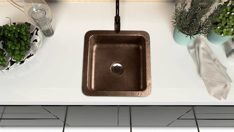 Top view of installed 12 Inch Hand Hammered Copper Bar Prep Sink With Dual Mount Drop In Or Undermount Install Glasgow Style Single Bowl
