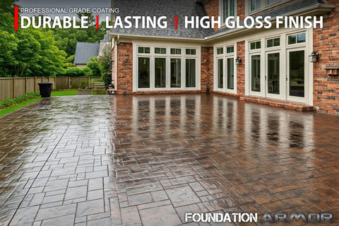 Heavy Duty Solvent Based Acrylic High Gloss Wet Look Cure And Seal For Concrete And Pavers 5 Gallon applied to a wet look patio.
