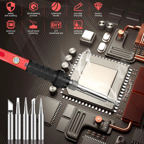 Fast Heating 60W Soldering Kit With 110V Ceramic Heater Iron used on a circuit board, showing 5 replacement tips and electronics repair setup