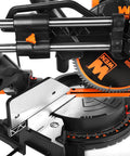 Pro Level 15 Amp 12 Inch Dual Bevel Sliding Compound Miter Saw showing motor, blade, and precise cut depth adjustment.