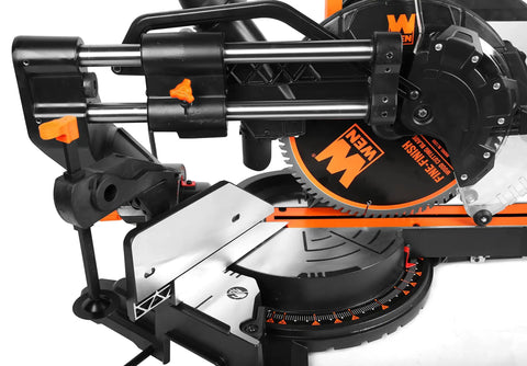 Pro Level 15 Amp 12 Inch Dual Bevel Sliding Compound Miter Saw showing motor, blade, and precise cut depth adjustment.