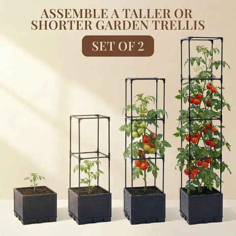 Two Pack 43 Inch Vertical Tomato Planter With Trellis Self Watering Garden Box, varying trellis heights with tomatoes