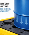 Close-up of blue drum on Beefed Up Workhorse Spill Containment Pallet For 55 Gallon Drums With Secondary Containment Tray And Drain