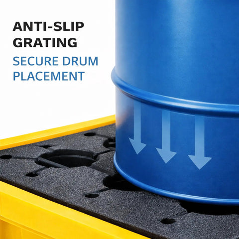 Close-up of blue drum on Beefed Up Workhorse Spill Containment Pallet For 55 Gallon Drums With Secondary Containment Tray And Drain