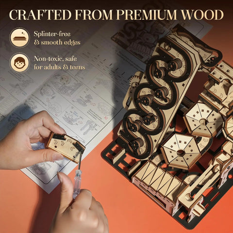 Electric Rolling Ball Maze Kit A 3D Wooden Puzzle For Adults And Teens, Mechanical Kinetic Art Building Set, DIY Brain Teaser Desk Decor For Home Office, Cool Gift For Ages 14 And Up, wooden maze assembly close-up