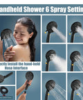 Retrofit Shower System With 8 Inch Rain Shower Head And 6 Function Handheld Sprayer showing spray settings