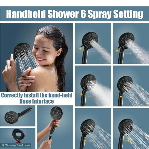 Retrofit Shower System With 8 Inch Rain Shower Head And 6 Function Handheld Sprayer showing spray settings