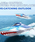 High Speed RC Shark Boat With LED Eyes And Rad Graffiti Design racing in open water with splashes, showcasing 2.4GHz control