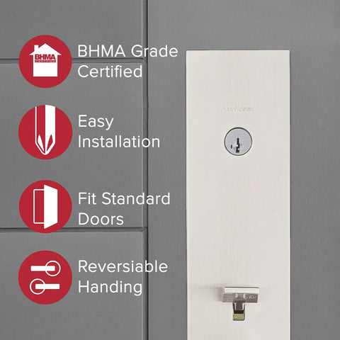 Vancouver Front Door Lock Set With Exterior Handleset And Reversible Interior Lever Satin Nickel Finish Pick Resistant SmartKey Rekey Deadbolt Security For Easy Home Entry And Solid Outdoor Protection You Can Trust, showing BHMA Grade Certified feature.