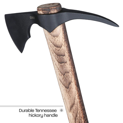Close-up of ODR Axe Outdoor Survival Hawk With Spike 1055 Carbon Steel Head Tennessee Hickory Handle Built Tough As Nails
