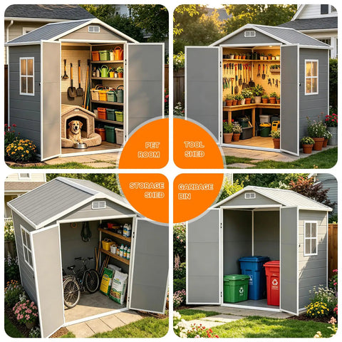6x4 Ft Outdoor Resin Storage Shed With Floor And Window, All Weather Waterproof Plastic Garden Tool Shed, backyard view