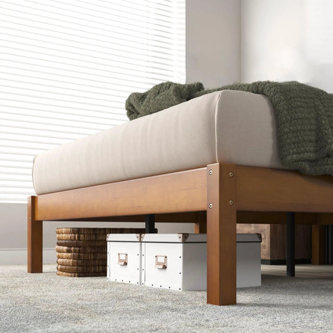 Heavy Duty 14 Inch Bamboo Platform Bed Frame Twin Size With No Box Spring Needed, showcasing slatted support and a cozy mattress.