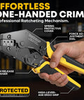 DT Series All In One Connector Crimp Tool Kit showing ratcheting mechanism and ergonomic grip in hands