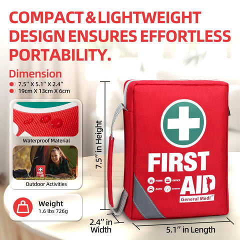 General Medi first aid kit, red compact bag with white cross, reflective design, 7.5x5.1x2.4 in, 175-piece set.