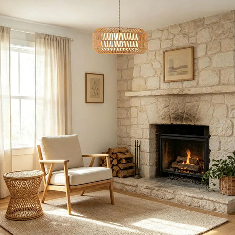 18 Inch Plug in Pendant Light, Boho Hanging Lamp with 15.7FT Light Cord illuminating a cozy seating area near a stone fireplace.