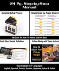 24-page manual from Pro Grade Six Piece Guitar Setup Gauge Tool Set with stainless gauges, showing instructions and video QR code.