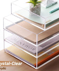 Clear Acrylic 4 Tier Stackable Desk Organizer Trays For A4 And Letter Papers Files Folders And Office Supplies shown with items