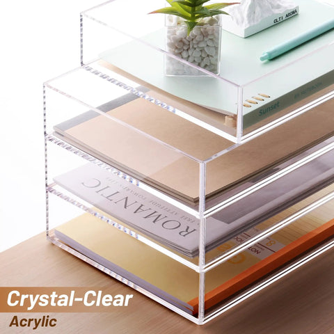 Clear Acrylic 4 Tier Stackable Desk Organizer Trays For A4 And Letter Papers Files Folders And Office Supplies shown with items