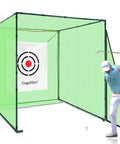Golfer using Golf Driving Cage Net 8x8x8 Ft Heavy Duty Steel Frame Enclosure For Real Backyard Full Swing Practice with target banner.