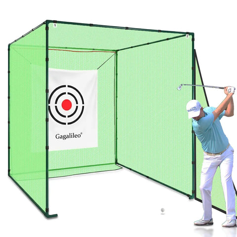 Golfer using Golf Driving Cage Net 8x8x8 Ft Heavy Duty Steel Frame Enclosure For Real Backyard Full Swing Practice with target banner.