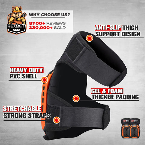 Side view of heavy duty work knee pads with gel foam cushions, anti-slip padding, and stretch straps for construction; black and orange design.