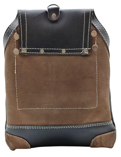 Rear view of Oil Tanned Leather Tool Pouch For Carpenters With 10 Pockets And 2 Hammer Holders, showing reinforced seams.