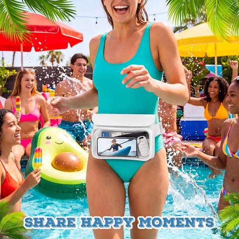 Person wearing Waterproof Phone Pouch Fanny Pack IPX8 With Floating Dry Bag at pool party, showing phone inside clear pouch.