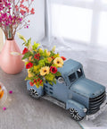 Blue Metal Pickup Truck Decor For Farmhouse Tables, Vintage Small Car Ornament With Flowers And Tree, Handcrafted Rustic Gift Box Style