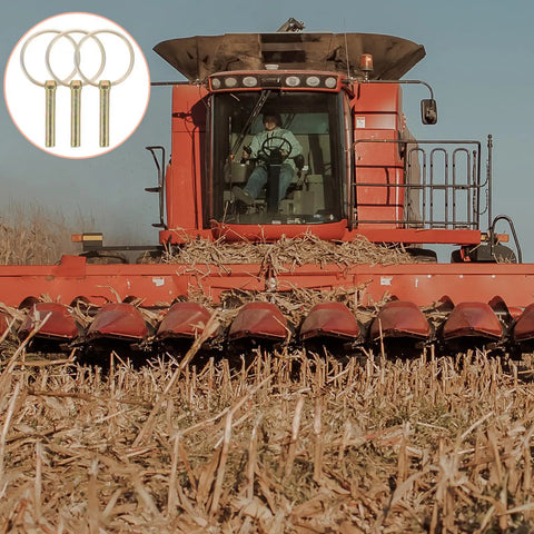 Beefy Heavy Duty Galvanized Lynch Pin With Ring Kit used with red farm tractor in cornfield, industrial grade pin set