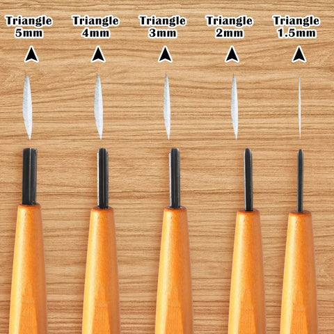 Top Notch 5 Piece Linoleum Carving Tool Set Featuring Knockout Sharp Triangular Linocut Knives With Smooth Beechwood Handles.