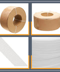 Heavy Duty White Polypropylene Strapping Roll 9900 Ft 1/2 Inch 440 Lb Tensile Strength in cardboard packaging.