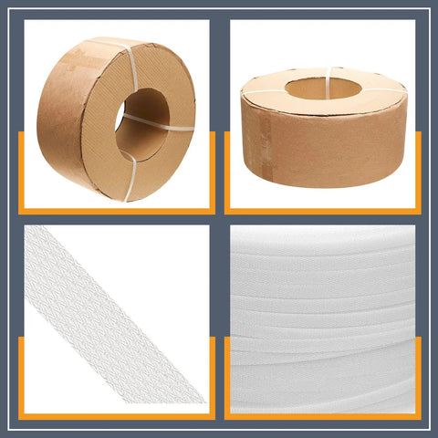 Heavy Duty White Polypropylene Strapping Roll 9900 Ft 1/2 Inch 440 Lb Tensile Strength in cardboard packaging.