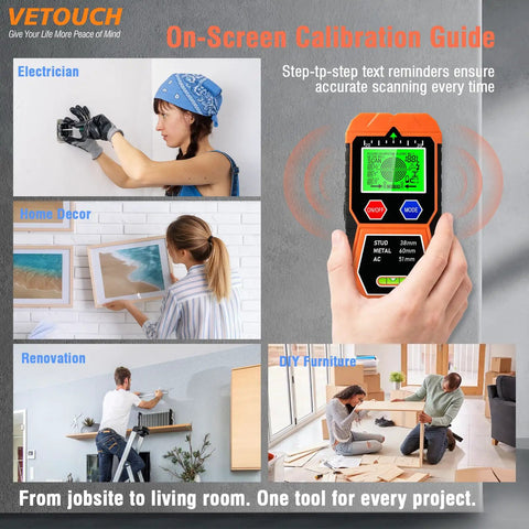 No Sweat 7 In 1 Wall Scanner And Stud Finder That Sniffs Out Wood Metal AC Wire And Iron Fasteners Behind Drywall Features Bright LCD Screen Instant Audio Chirp Integrated Bubble Level And Bullseye Precision For Flawless Diy Upgrades