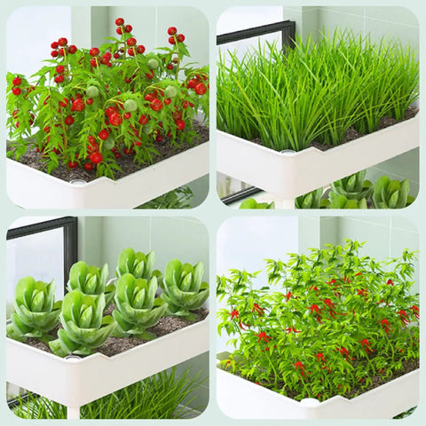 Hydroponics Growing System With Vertical Raised Garden Bed On Wheels For No-Fuss Mobility, showing plants in white trays.