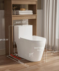 Slick Modern Elongated One Piece Toilet With Skirted Seamless Build And 17 Inch Comfort Chair Height Seat, dimensions shown.