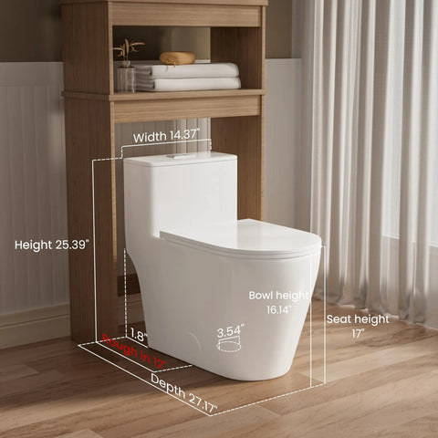 Slick Modern Elongated One Piece Toilet With Skirted Seamless Build And 17 Inch Comfort Chair Height Seat, dimensions shown.