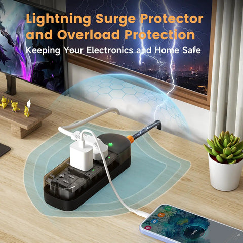 Weatherproof Outdoor Power Strip With 3 Outlets, 6 Ft Extension Cord, Waterproof Surge Protector 1625W 13A on desk