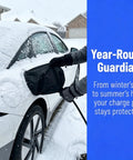 Tough As Nails Ev Charger Cover With Heavy Duty Magnets sealing electric plug in snowy weather, protecting against rain and UV rays.