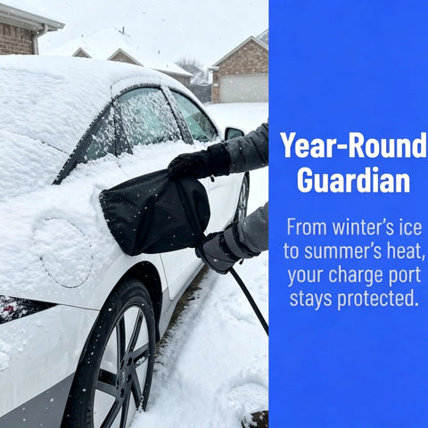 Tough As Nails Ev Charger Cover With Heavy Duty Magnets sealing electric plug in snowy weather, protecting against rain and UV rays.