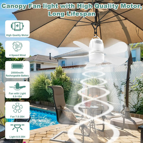 Go To 20 Inch Portable Outdoor Ceiling Fan With Light And Remote For Gazebo Tent Patio Camping 20000mAh Battery Pack