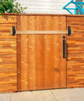 Heavy Duty Door Barricade Brackets Set For 2x4 Lumber U Shaped Gate Holder Drop Open Security Bar installed on wooden gate