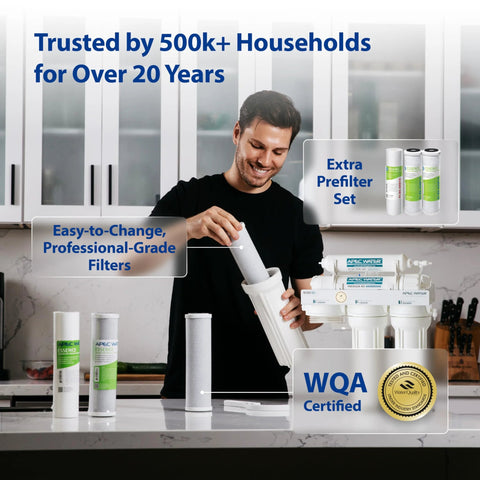 Front view of APEC ROES-PH75 Essence Series 6-stage RO water filter with extra pre-filter set on kitchen counter