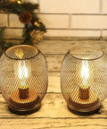 Set Of 2 Battery Powered Metal Cage LED Lanterns Cordless Accent Lights With Warm White LED Round Vintage Style Cozy Vibe Perfect For Indoor Outdoor Weddings Parties Patio Events, bronze cages, warm glow