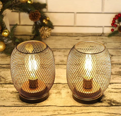 Set Of 2 Battery Powered Metal Cage LED Lanterns Cordless Accent Lights With Warm White LED Round Vintage Style Cozy Vibe Perfect For Indoor Outdoor Weddings Parties Patio Events, bronze cages, warm glow