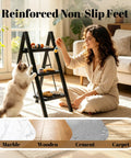 3 Step Aluminum Folding Ladder With Wide Anti Slip Pedals, Lightweight Portable Step Stool For Home, Garage, And Workshop, Rubber Feet For Floor Protection, Stable, Safe, And Easy To Store. Black 3-step folding ladder on carpet with reinforced non-slip feet